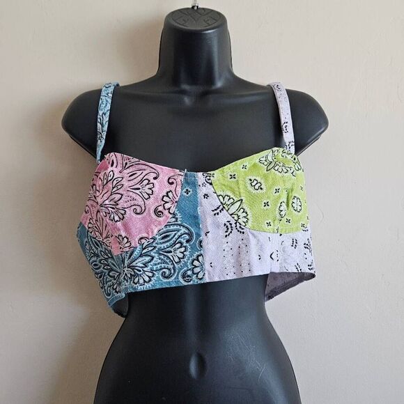 NWT Boohoo Blue Patchwork Denim Bralette Crop Top - Picture 2 of 9